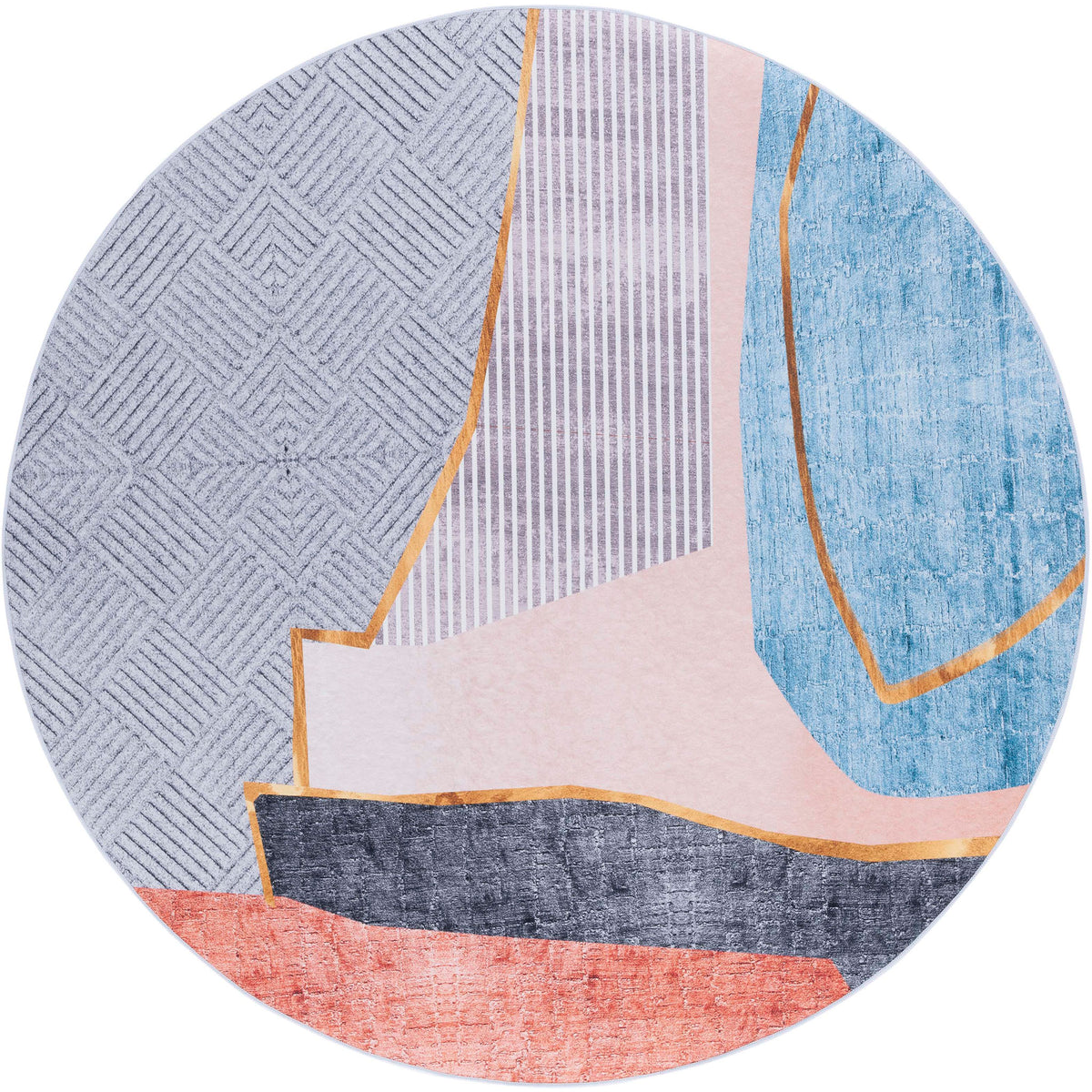 Round washable rug with geometric color blocks in beige, blue, pink, and gray with golden accents || TAC834B-6R || top_studio