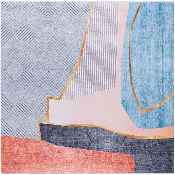 Square modern rug with bold geometric shapes in beige, blue, and coral. || TAC834B-6SQ || top_studio