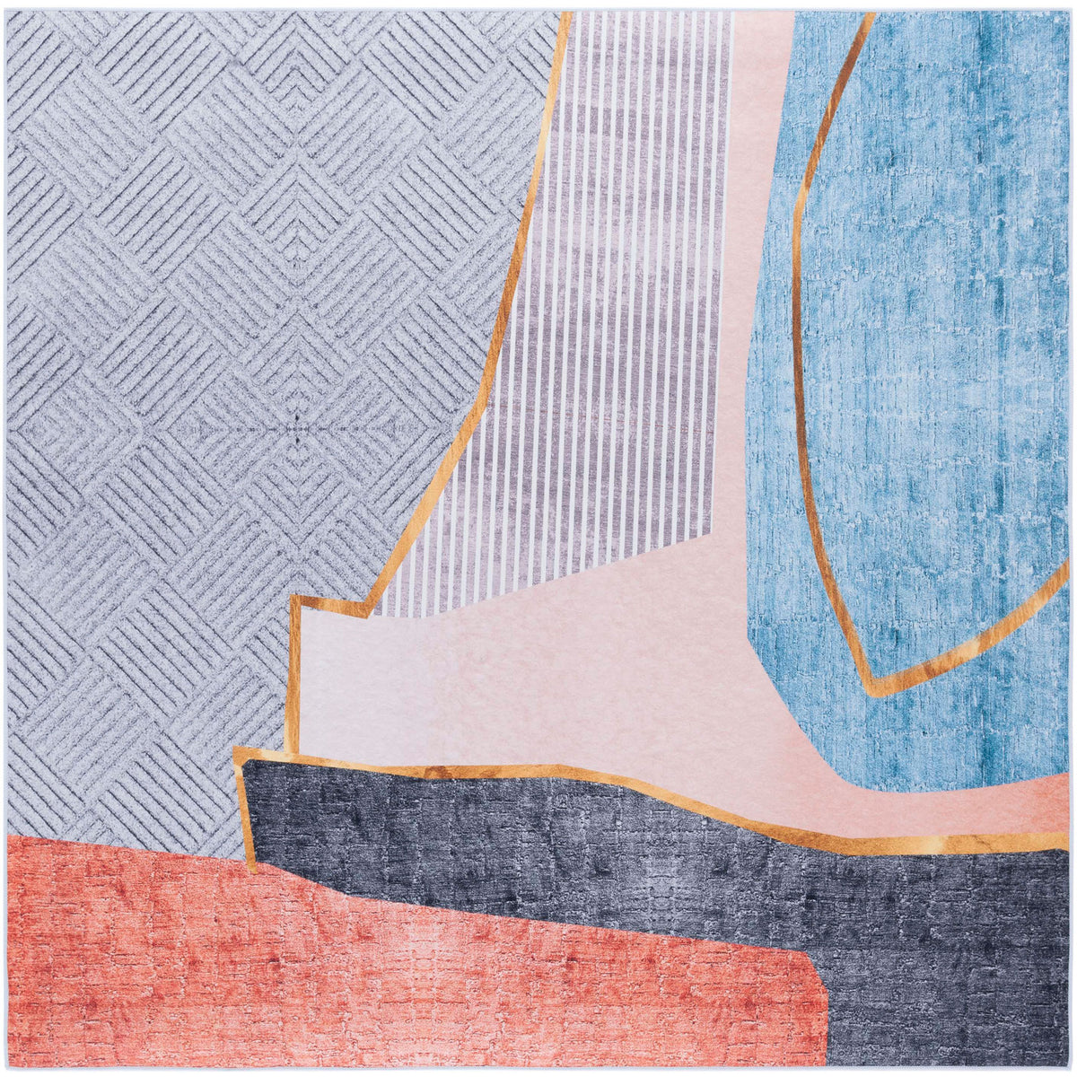 Square modern rug with bold geometric shapes in beige, blue, and coral. || TAC834B-6SQ || top_studio