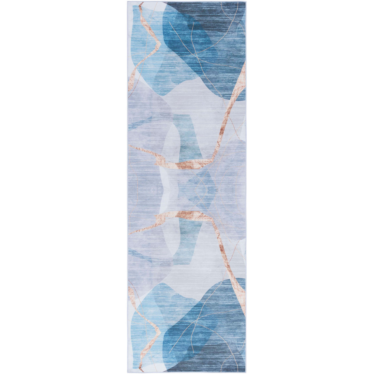 Abstract blue and gold runner rug with fluid lines and a balanced, symmetrical pattern || TAC836M-28 || top_studio