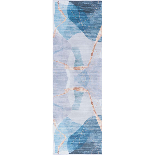 Abstract blue and gold runner rug with fluid lines and a balanced, symmetrical pattern || TAC836M-28 || top_studio