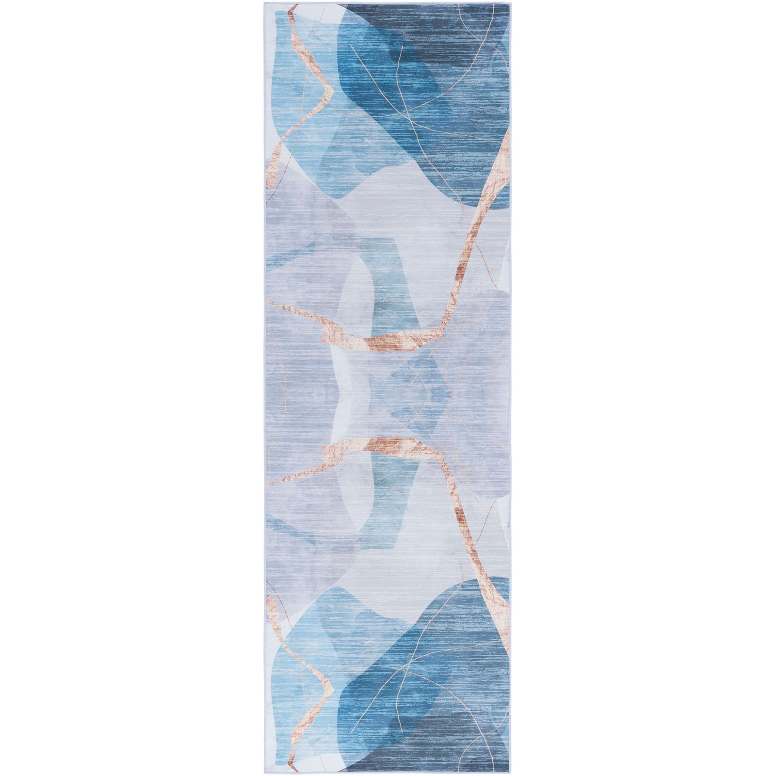 Abstract blue and gold runner rug with fluid lines and a balanced, symmetrical pattern || TAC836M-28 || top_studio