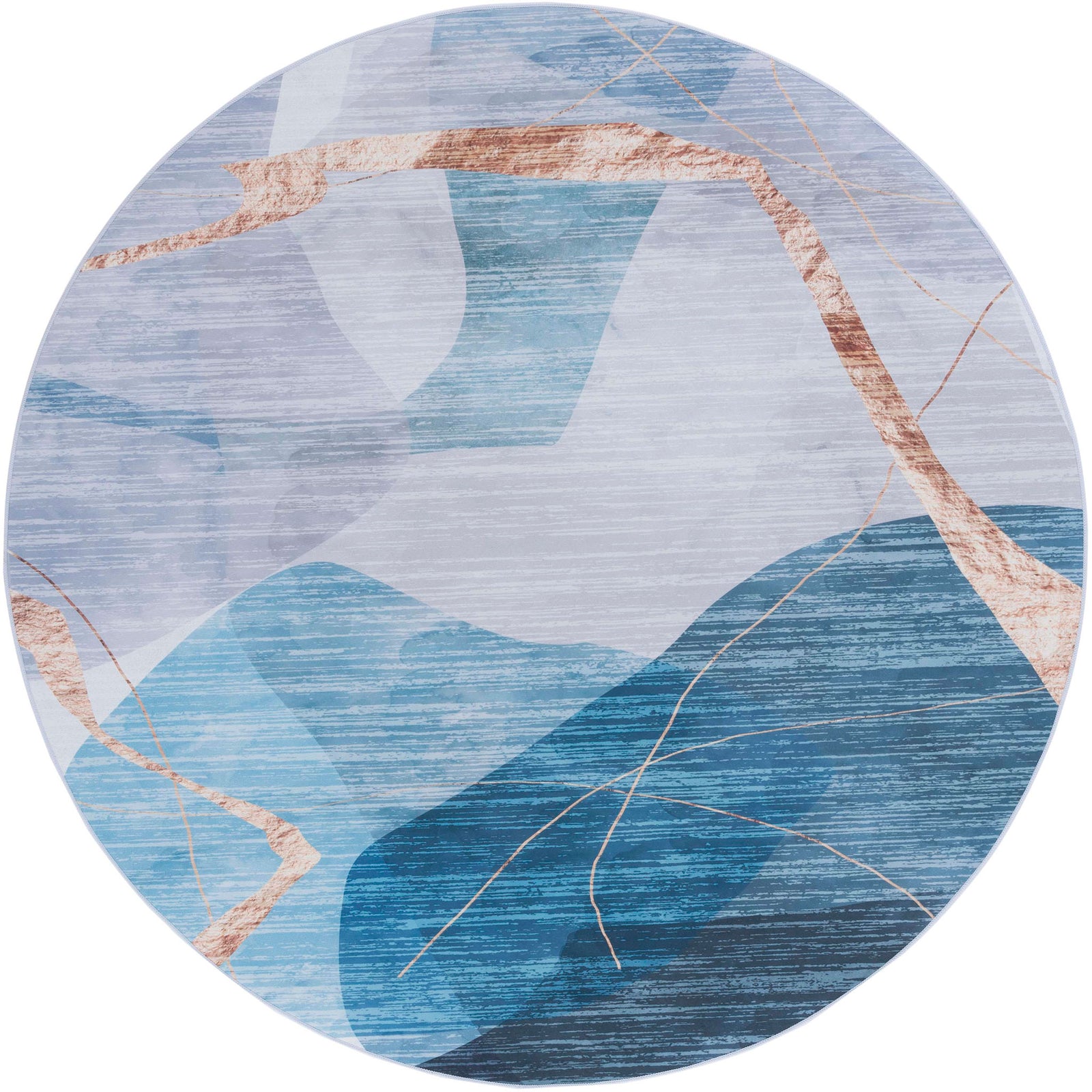 Abstract round rug in layered blues with warm gold streaks and subtle striations. || TAC836M-6R || top_studio