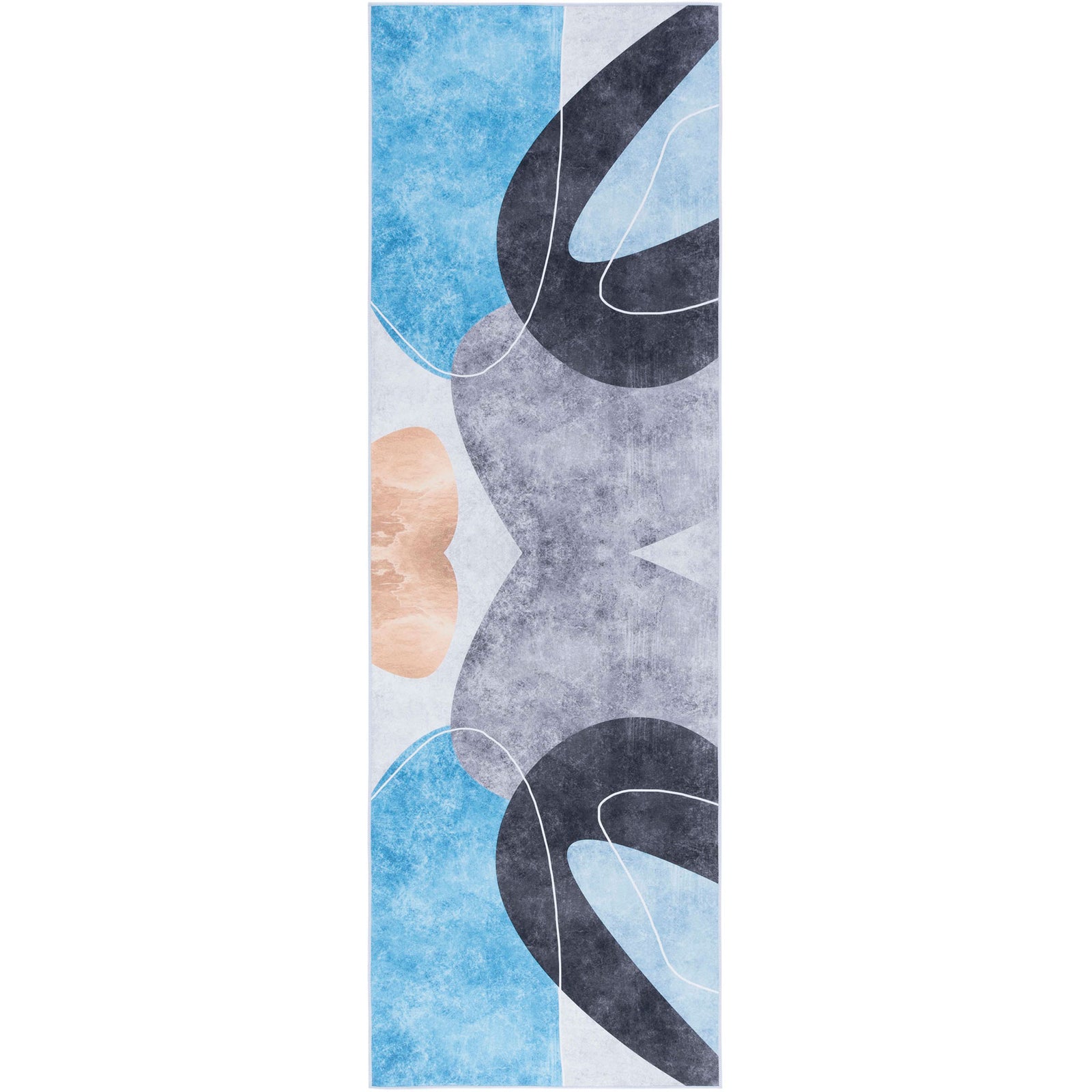 Modern abstract runner rug with dark gray, turquoise, and peach tones in a mirrored design || TAC837G-28 || top_studio