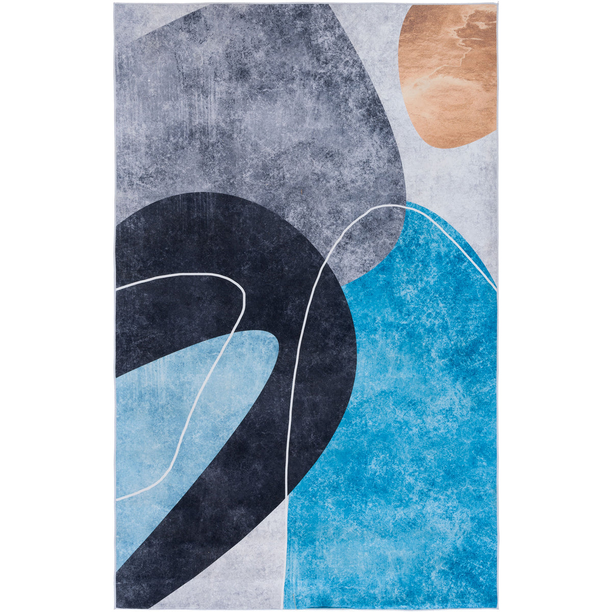 Abstract rug with sweeping charcoal arcs, bright turquoise blocks, and a warm tan accent || TAC837G-5 || top_studio