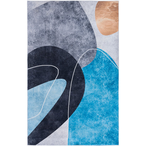 Abstract rug with sweeping charcoal arcs, bright turquoise blocks, and a warm tan accent || TAC837G-5 || top_studio