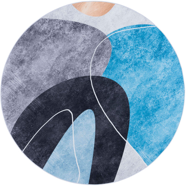Round rug with bold abstract curves in dark gray and turquoise for a modern pop underfoot. || TAC837G-6R || top_studio
