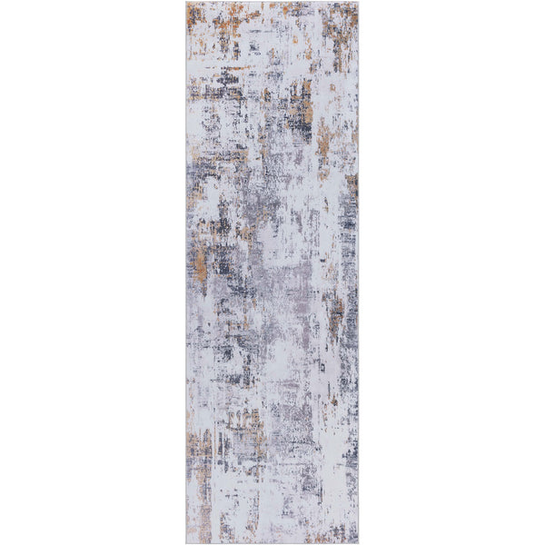 Abstract gray and gold runner rug with a modern distressed pattern || TAC863F-28 || top_studio