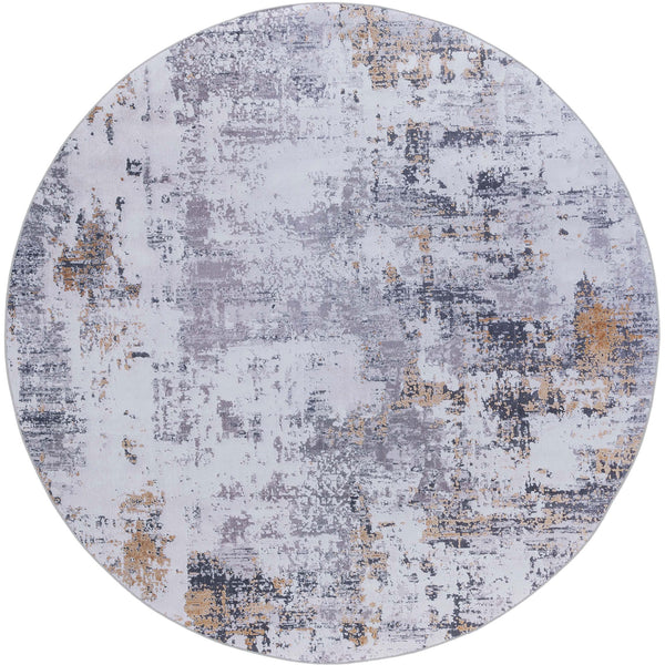 Round rug with gray and gold abstract pattern for a sleek, contemporary look || TAC863F-6R || top_studio