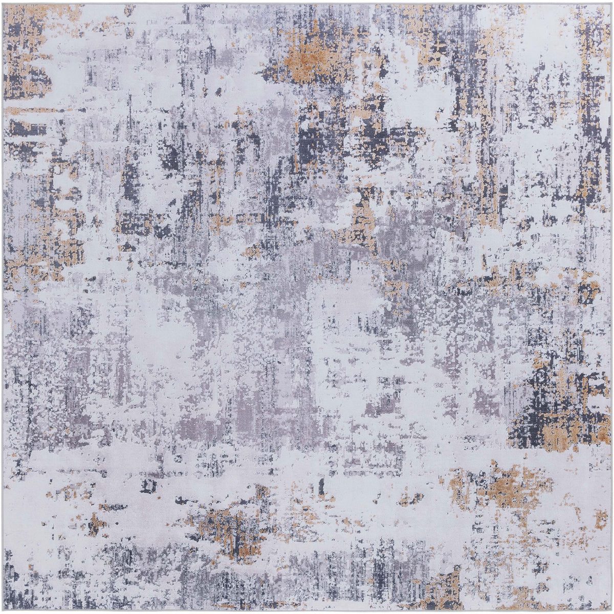 Square rug with abstract gray and gold design, evenly balanced patterning across the field. || TAC863F-6SQ || top_studio