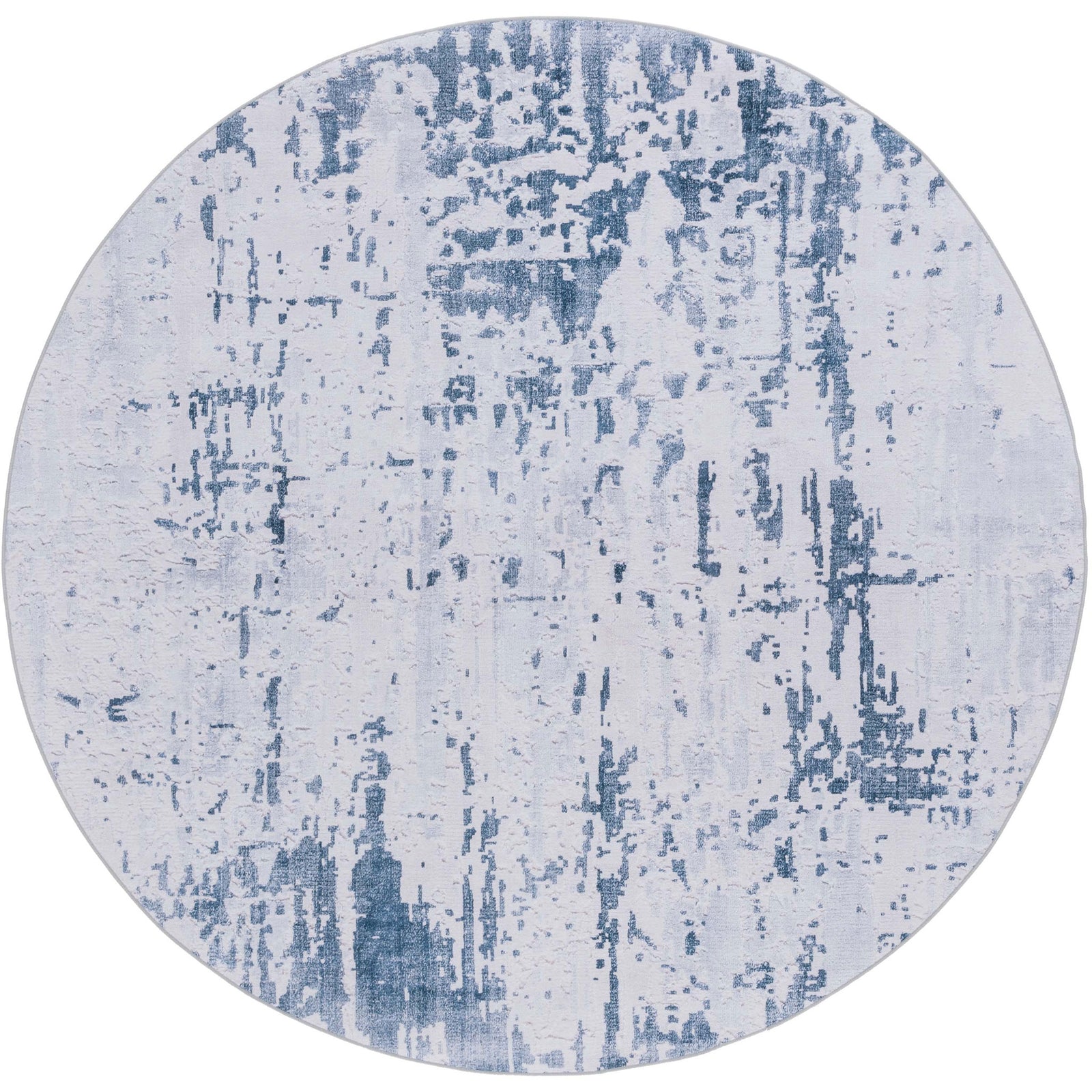 Round gray and navy abstract rug with low pile and washable, slip-resistant backing || TAC864F-6R || top_studio