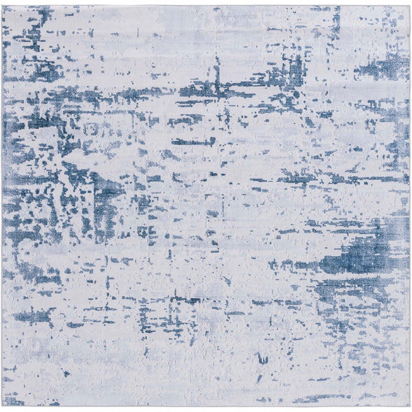 Square gray and navy rug with a distressed abstract pattern and a smooth, low profile || TAC864F-6SQ || top_studio