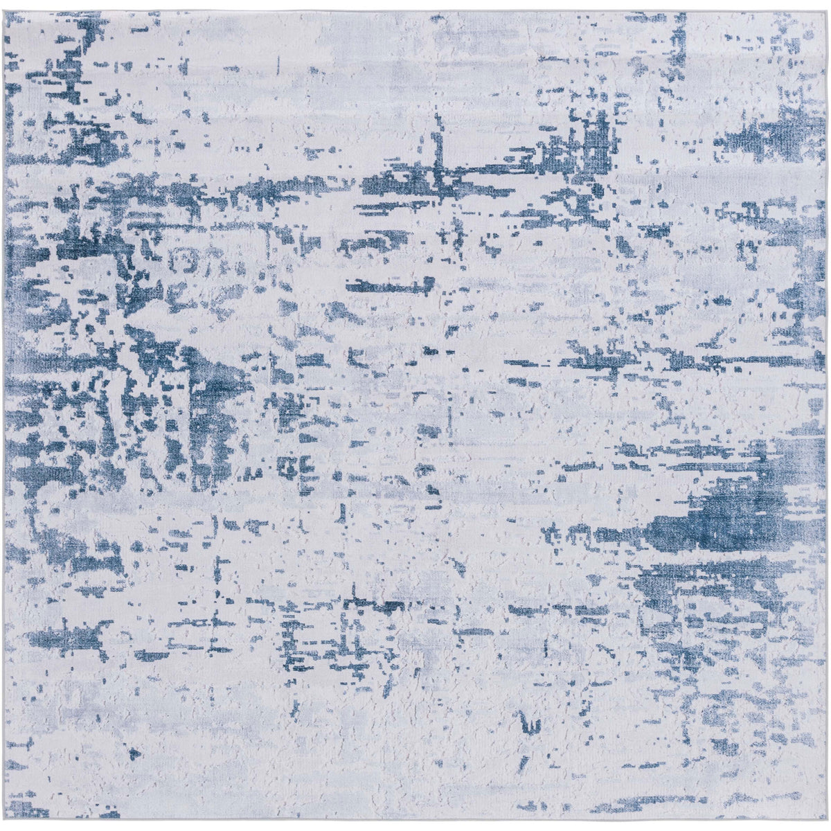Square gray and navy rug with a distressed abstract pattern and a smooth, low profile || TAC864F-6SQ || top_studio