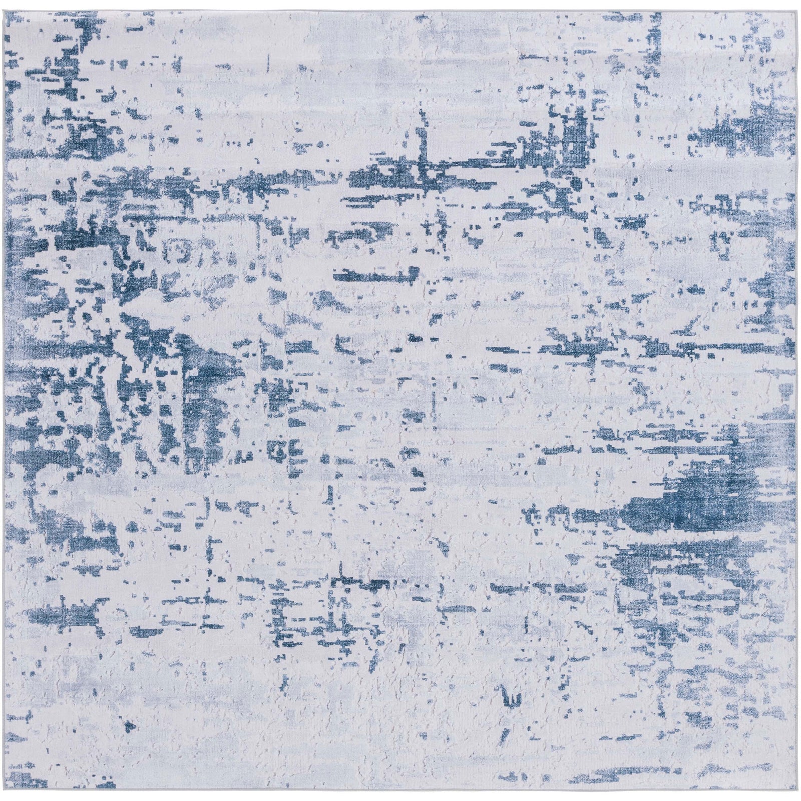 Square gray and navy rug with a distressed abstract pattern and a smooth, low profile || TAC864F-6SQ || top_studio
