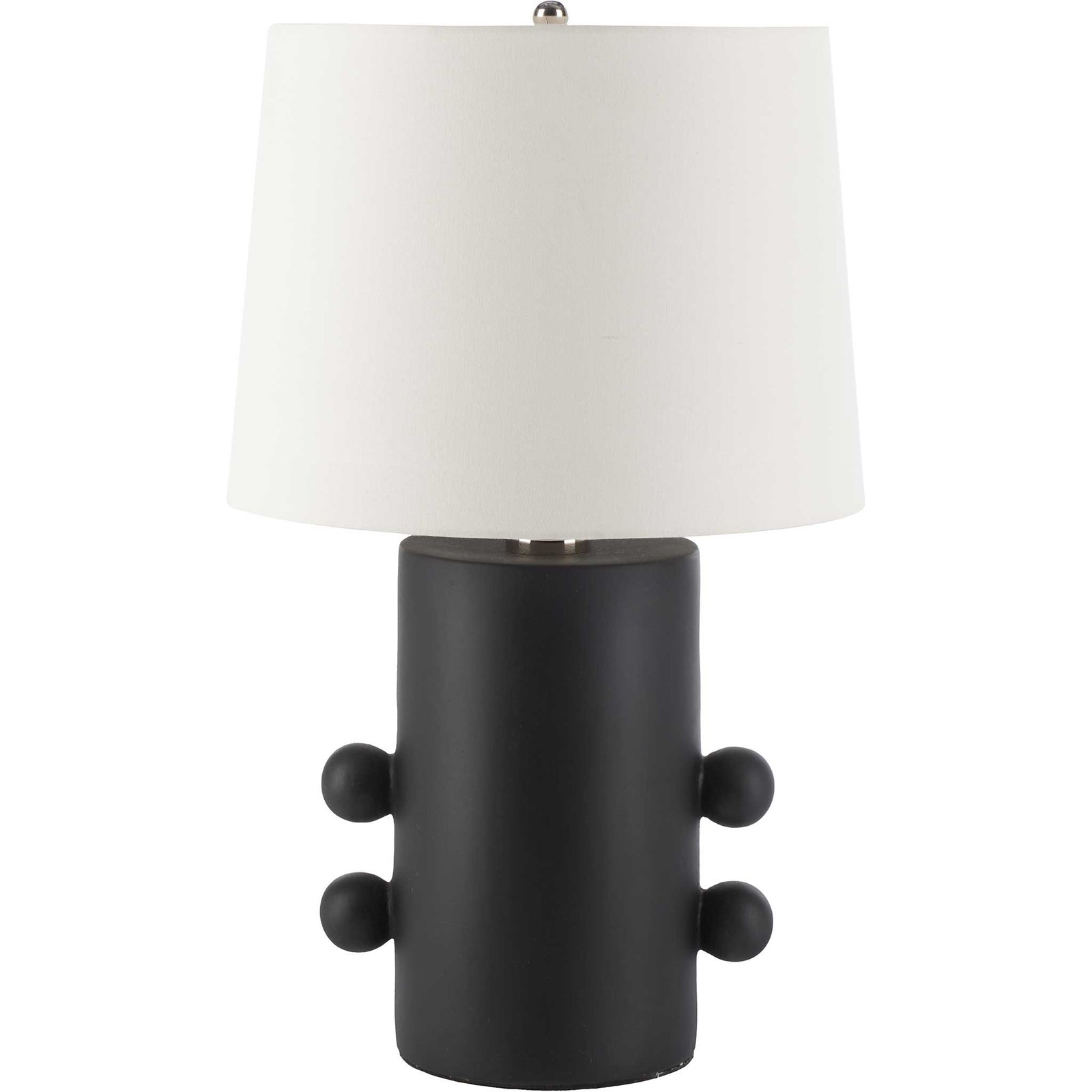Matte black ceramic lamp with sculptural side orbs and an off-white tapered shade topped by a sleek silver finial. || TBL2008A || front_studio