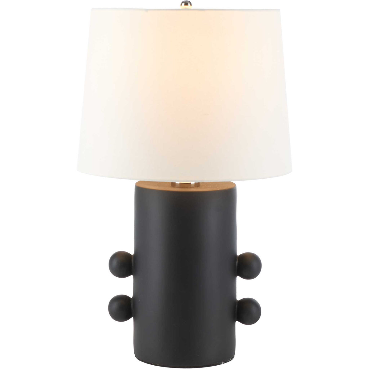 Matte black ceramic lamp with off-white shade casting a warm glow and playful rounded side accents. || TBL2008A || front_on_studio