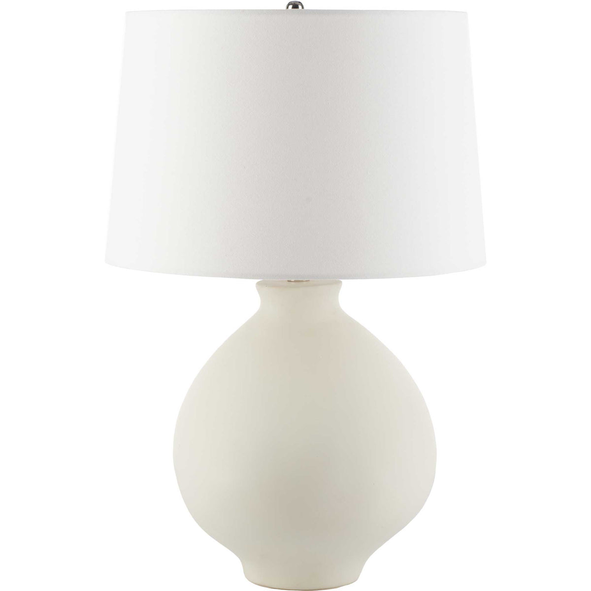 White ceramic table lamp with a rounded silhouette and a crisp cotton-linen drum shade || TBL2009A || front_studio