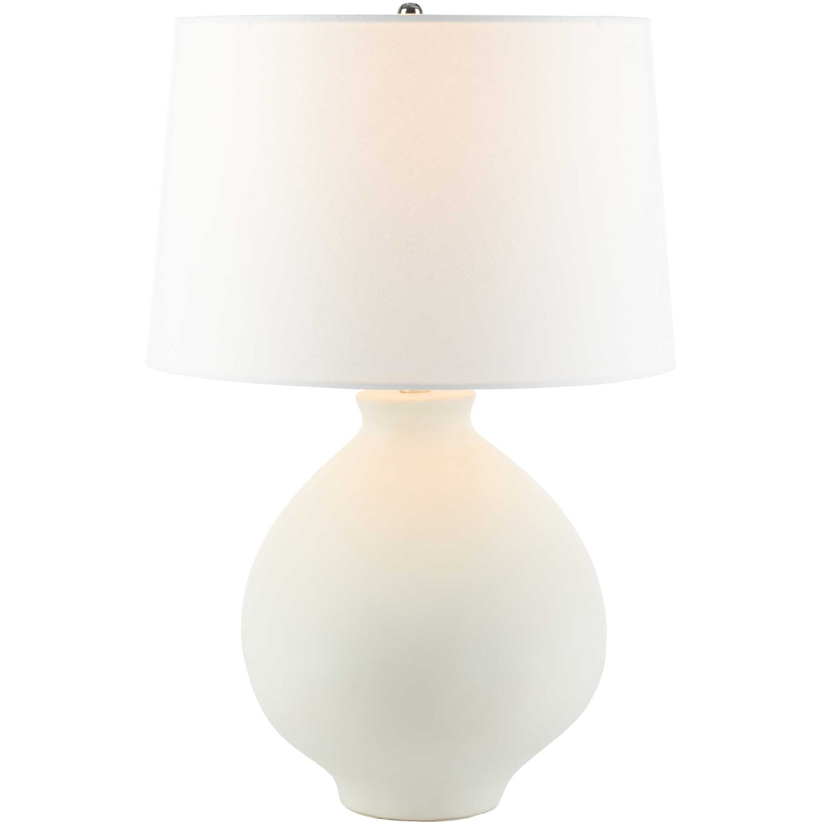 White ceramic table lamp with a rounded silhouette and a crisp cotton-linen drum shade || TBL2009A || front_studio