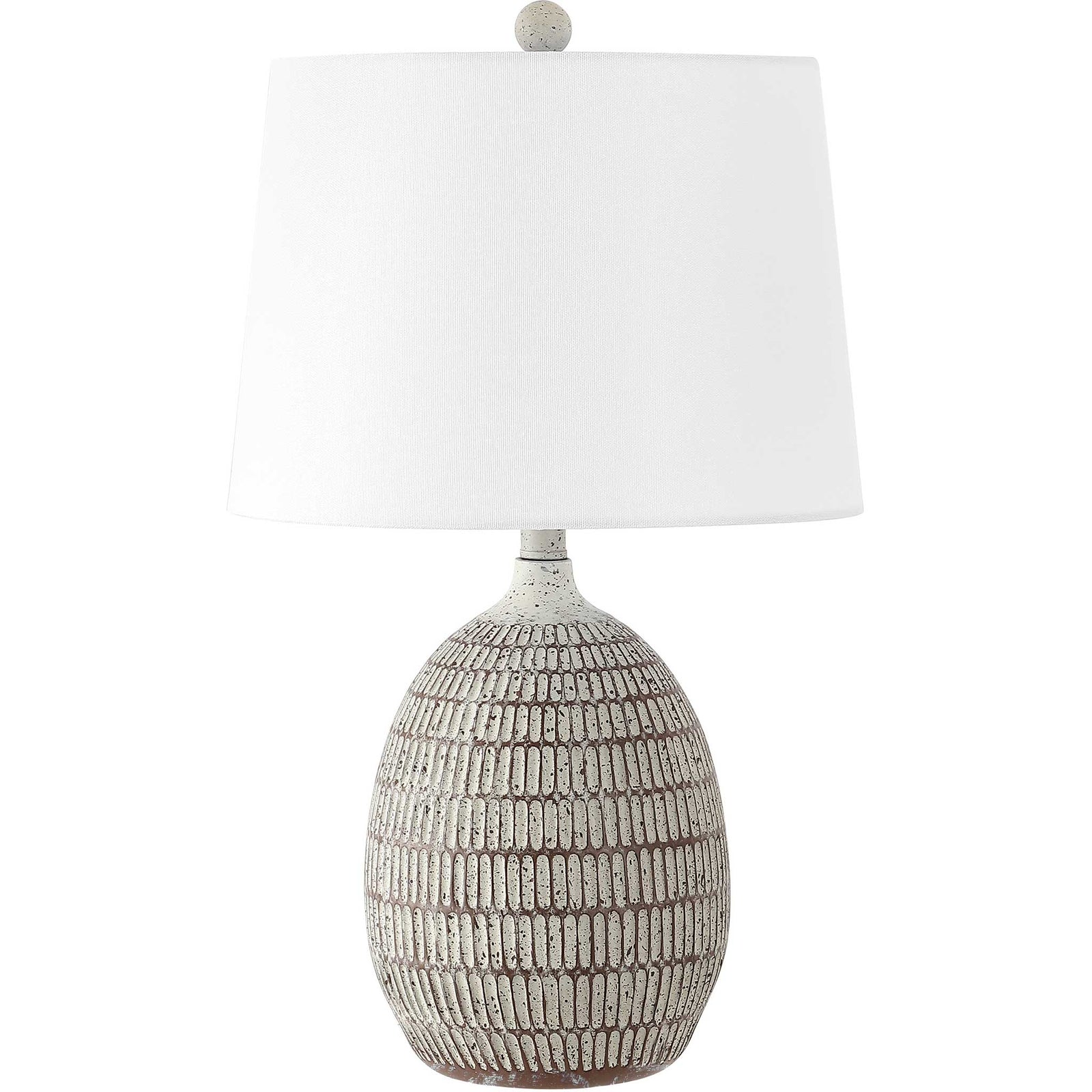 Textured brown-and-white resin table lamp with crisp white shade and matching round finial || TBL4421A || front_studio