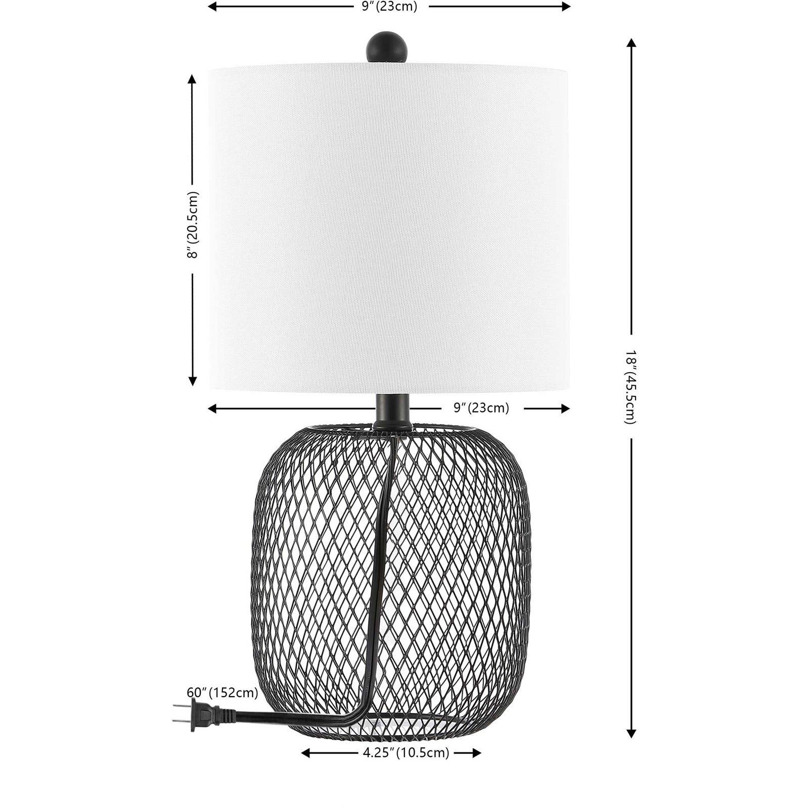 Compact 18-inch table lamp with a white fabric drum shade and openwork iron base for light, airy style. || TBL4470A || dimension_studio