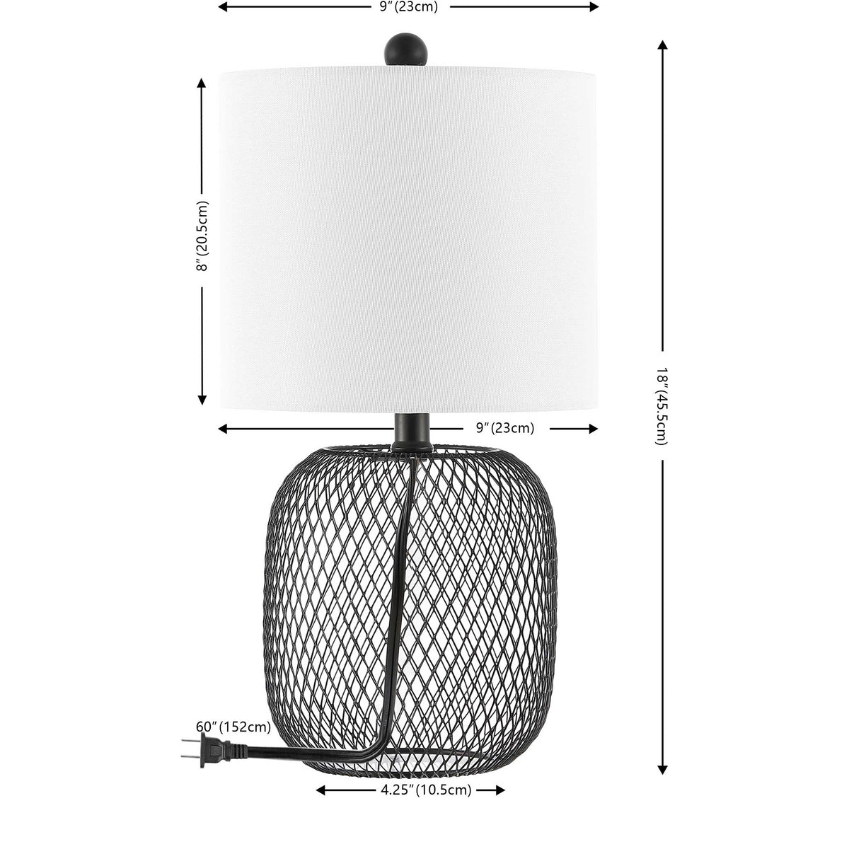 Compact 18-inch table lamp with a white fabric drum shade and openwork iron base for light, airy style. || TBL4470A || dimension_studio