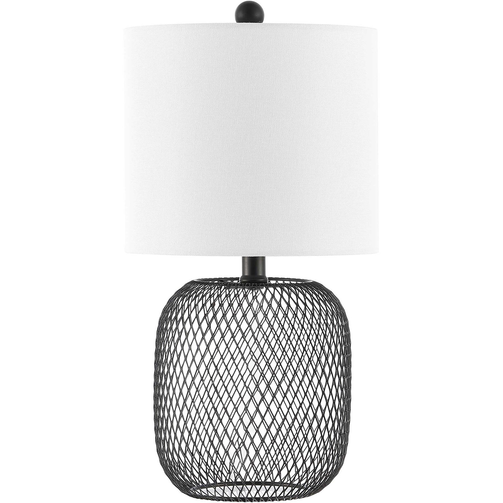 Black mesh iron base with a crisp white drum shade adds airy texture and modern polish. || TBL4470A || front_studio