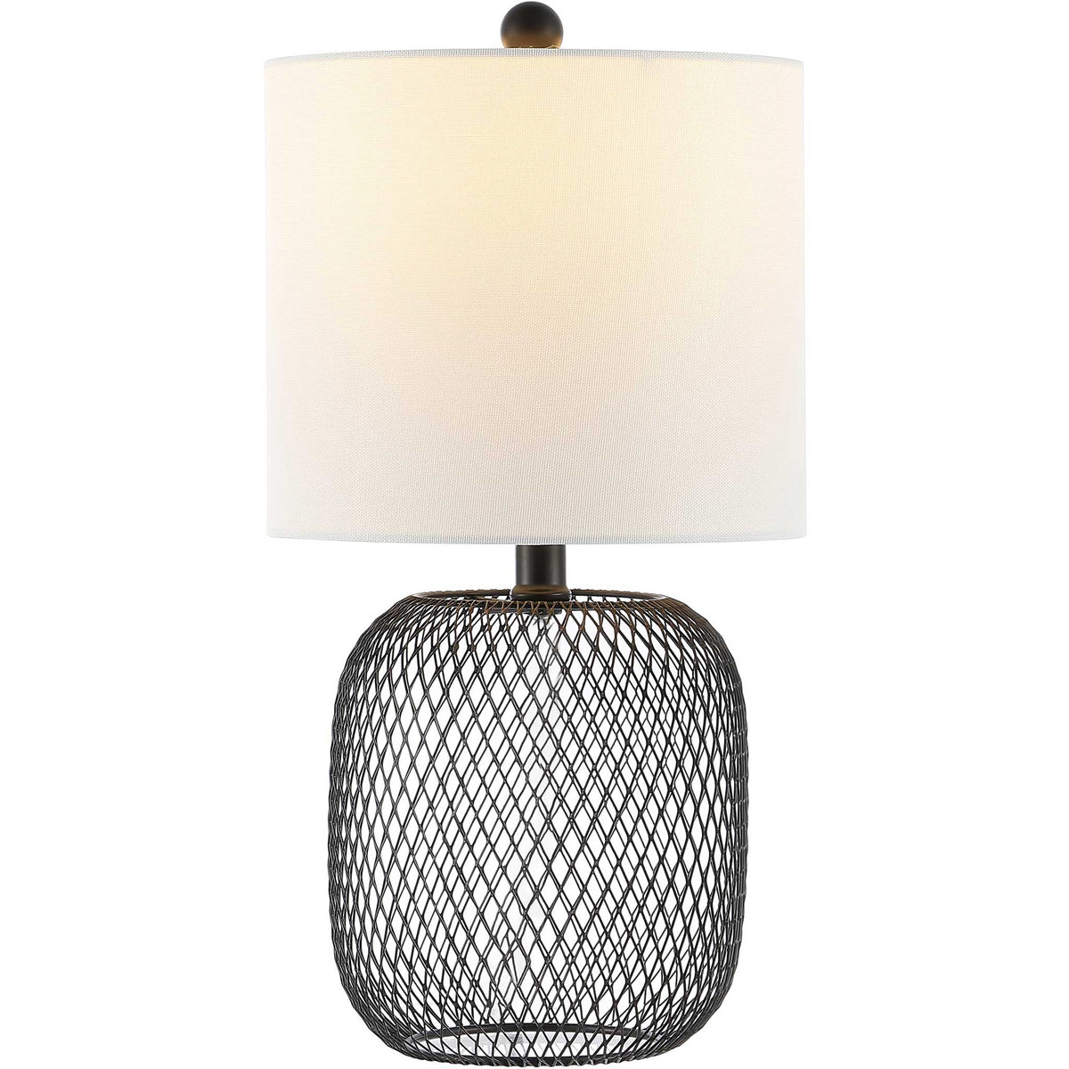 Warmly lit, the woven lattice base and clean white shade bring cozy ambiance to any table. || TBL4470A || front_on_studio