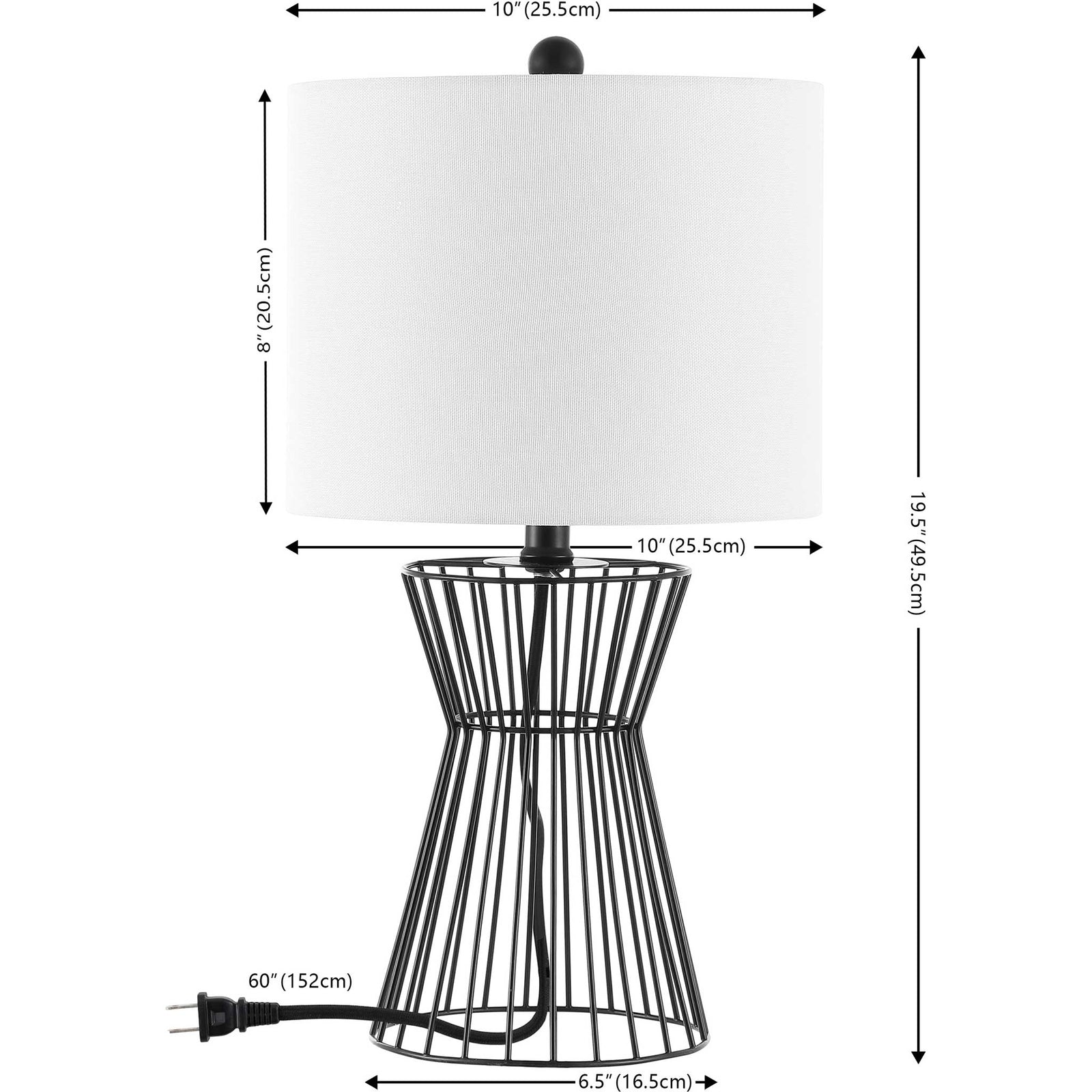 Black iron wire hourglass base with open design and white drum shade for sleek, airy style || TBL4471A || dimension_studio