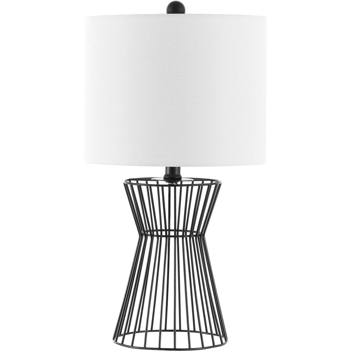Minimalist wireframe table lamp in black with a clean white drum shade and rounded finial || TBL4471A || front_studio