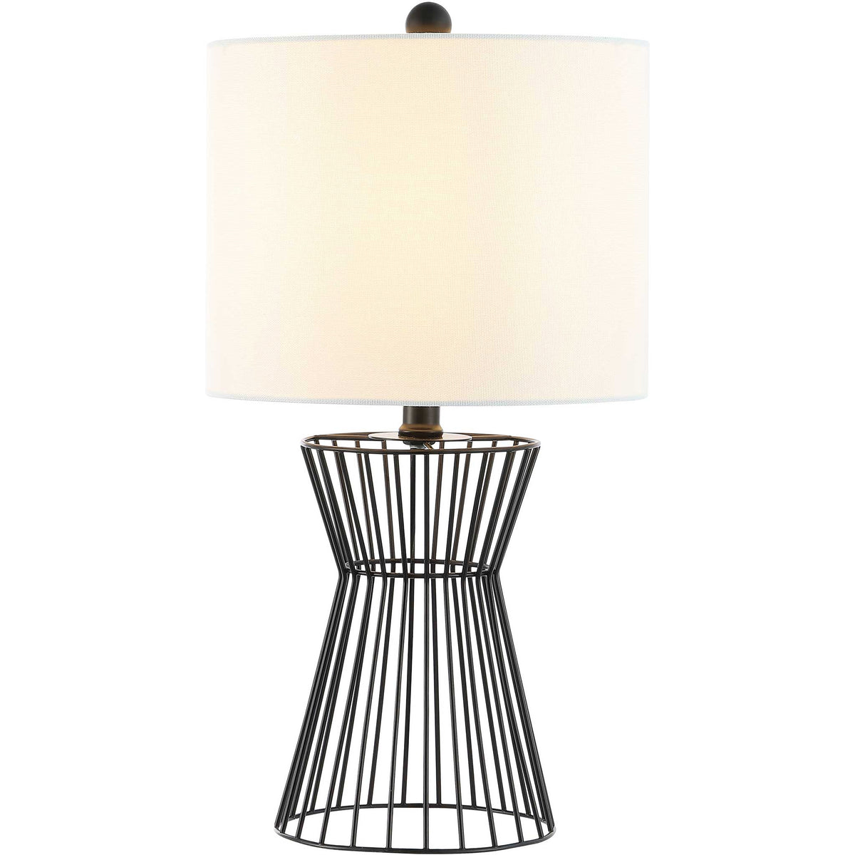 Soft ambient light shines through the white drum shade over a black hourglass wire base || TBL4471A || front_on_studio