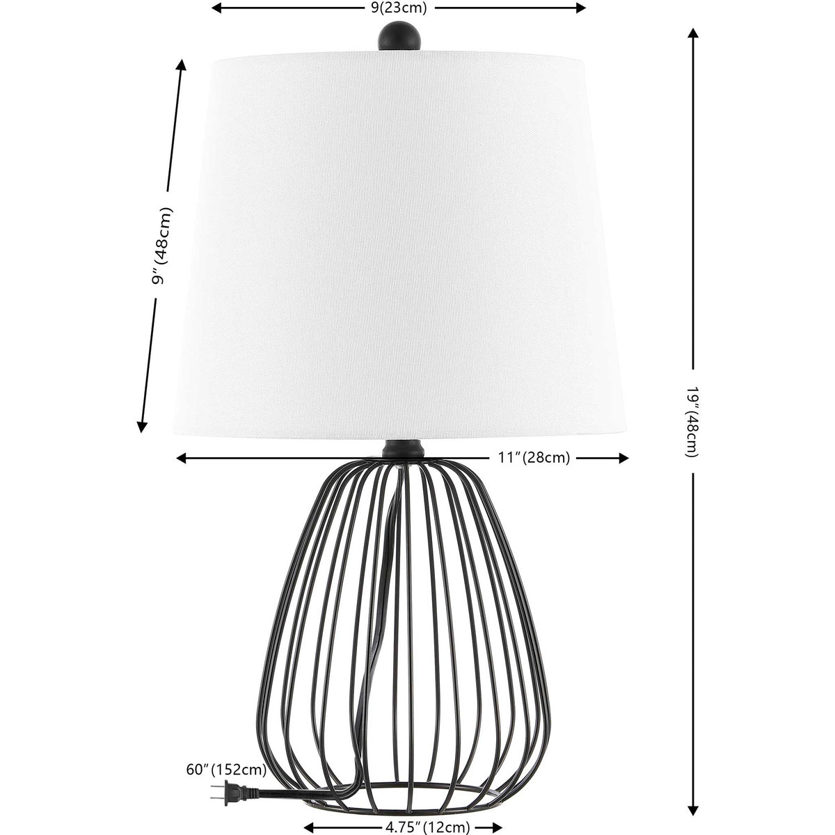 Sculptural black iron wire base paired with a clean white shade for airy, modern style. || TBL4472A || dimension_studio