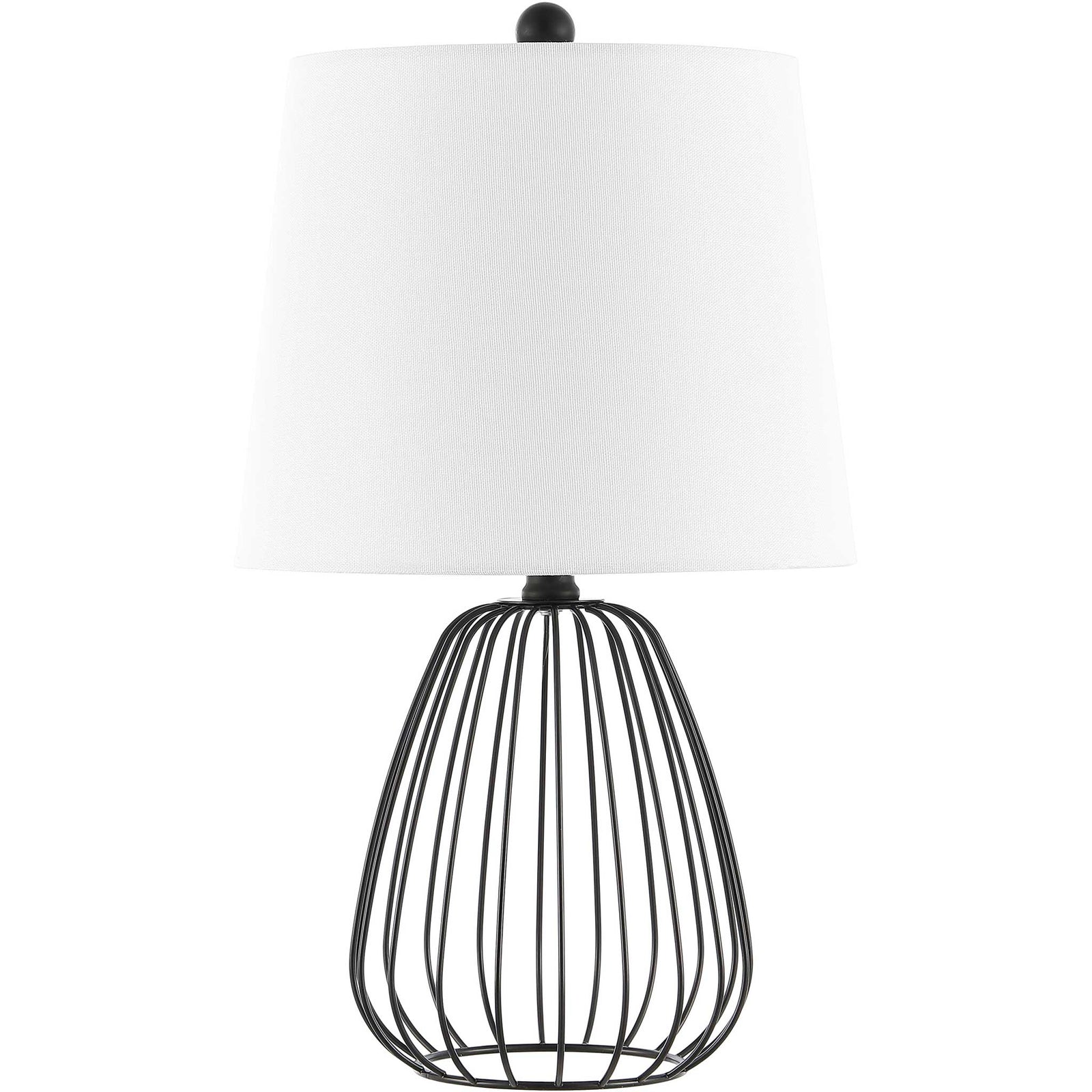 Openwork teardrop iron base in matte black with a crisp white shade for modern contrast. || TBL4472A || front_studio
