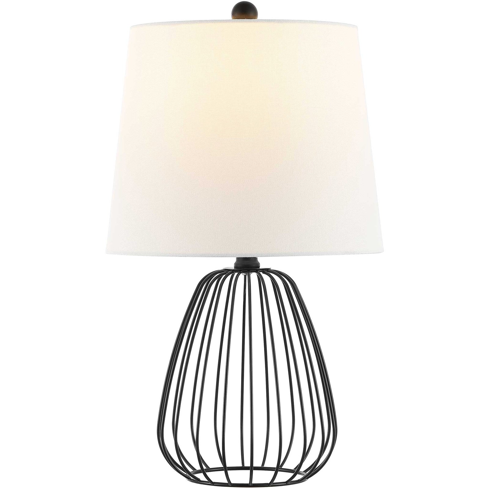 Openwork teardrop iron base in matte black with a crisp white shade for modern contrast. || TBL4472A || front_studio