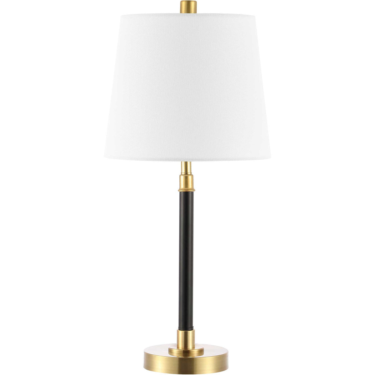 Slim black-and-brass table lamp with a crisp white shade and round base for modern elegance || TBL4475A || front_studio