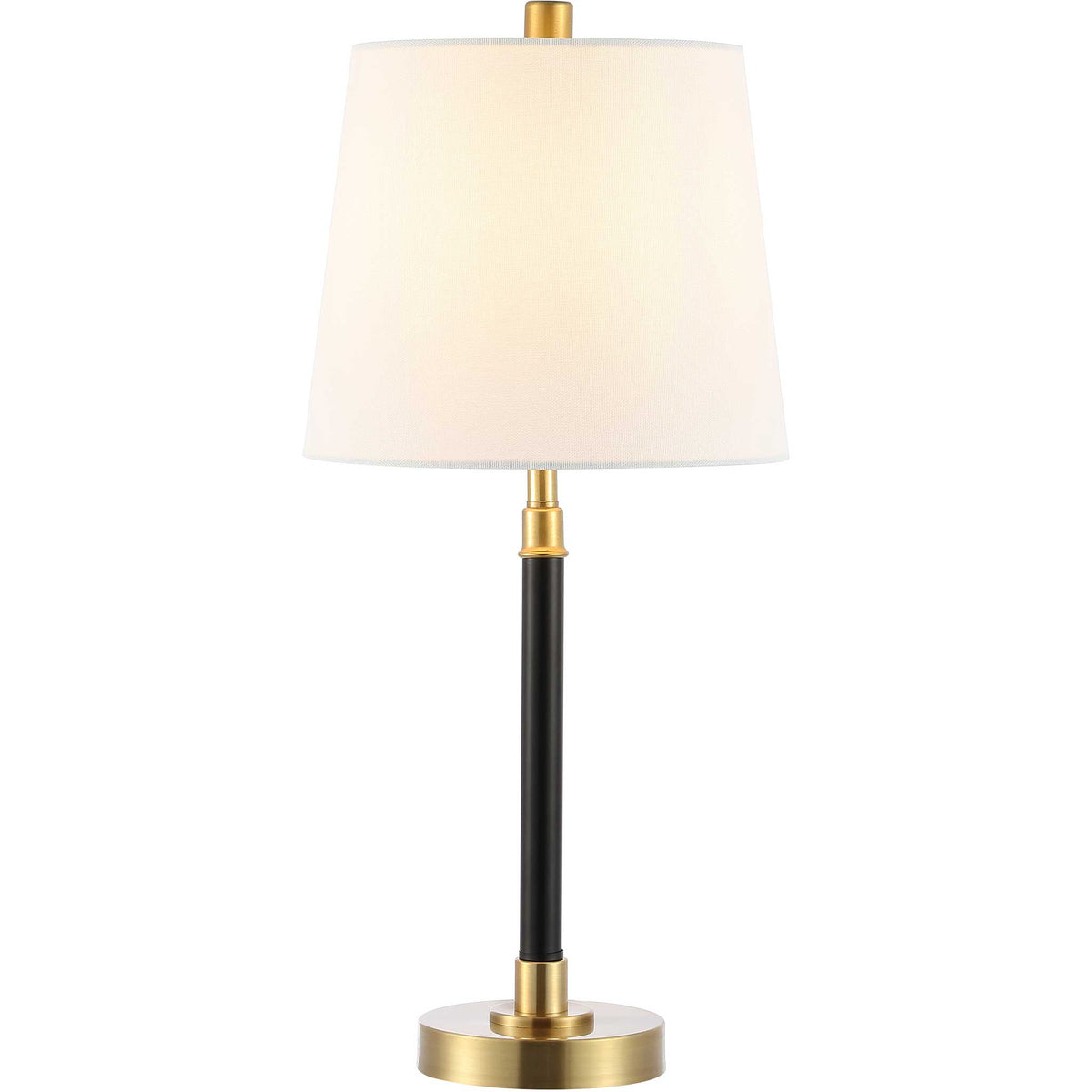 Warm glow through a clean white shade highlights the sleek black column and brushed brass base || TBL4475A || front_on_studio