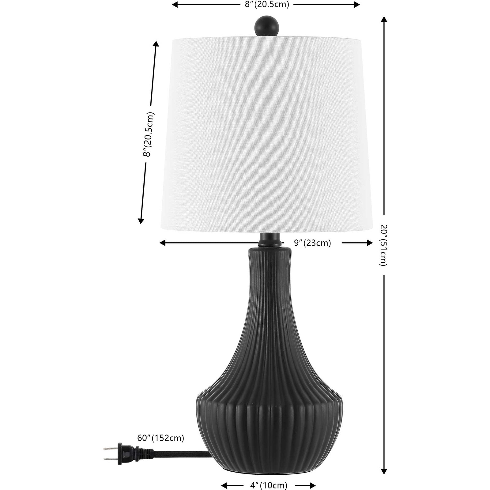 Sized for bedside charm with a fluted black ceramic base and crisp white shade || TBL4479A || dimension_studio