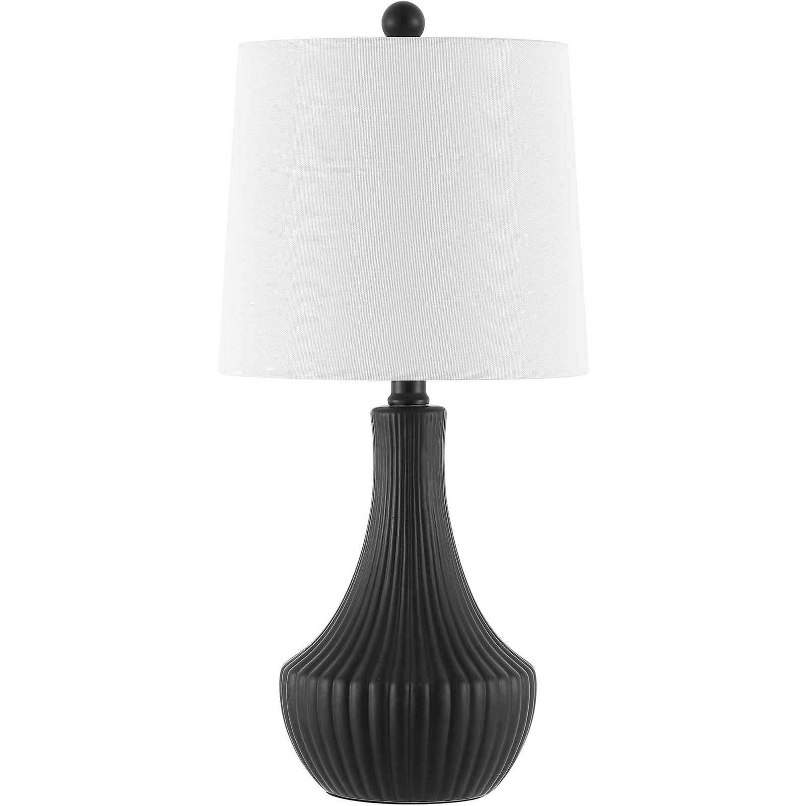 Black ceramic lamp with vertical fluting and a white drum shade, topped with a matching finial || TBL4479A || front_studio