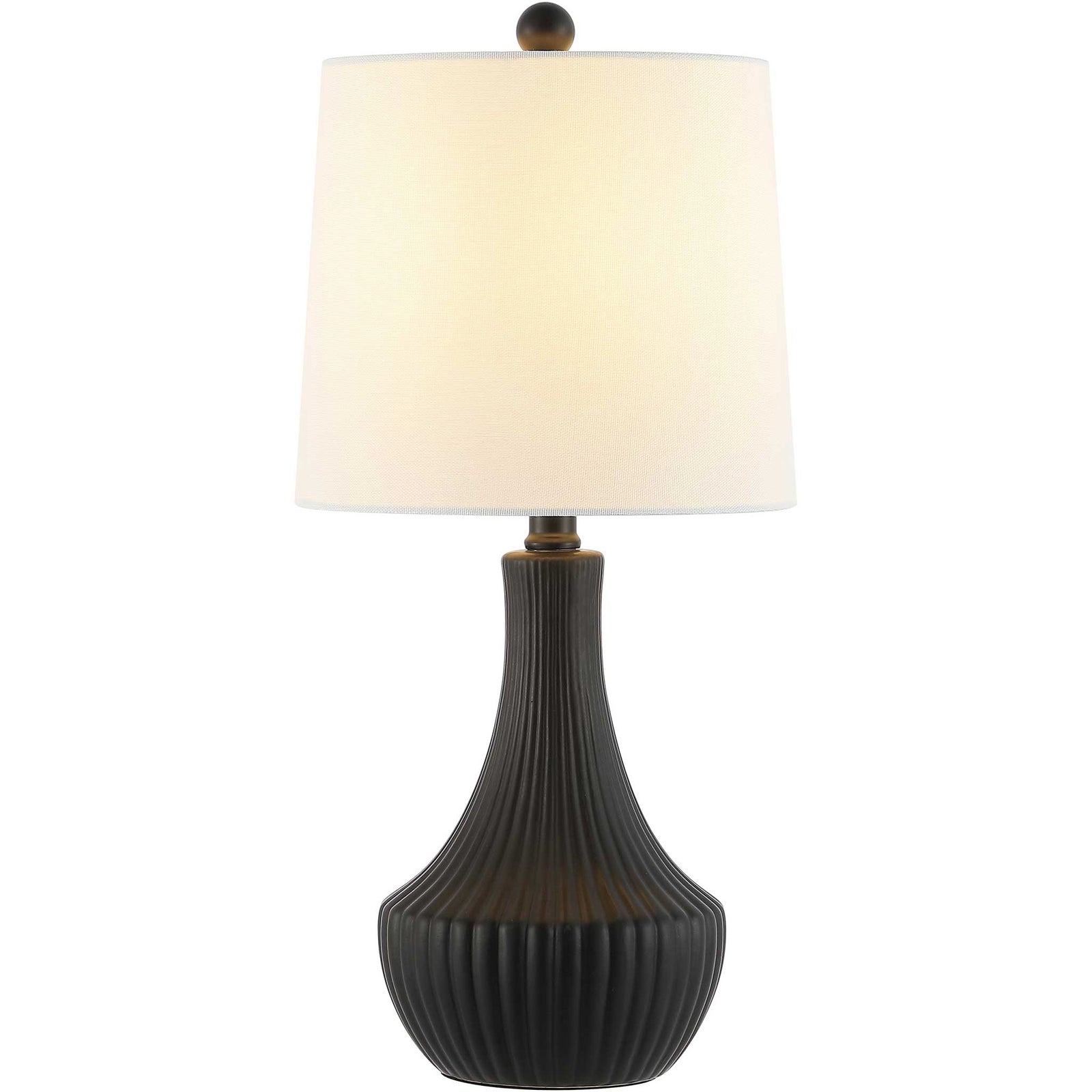 Black ceramic lamp with vertical fluting and a white drum shade, topped with a matching finial || TBL4479A || front_studio