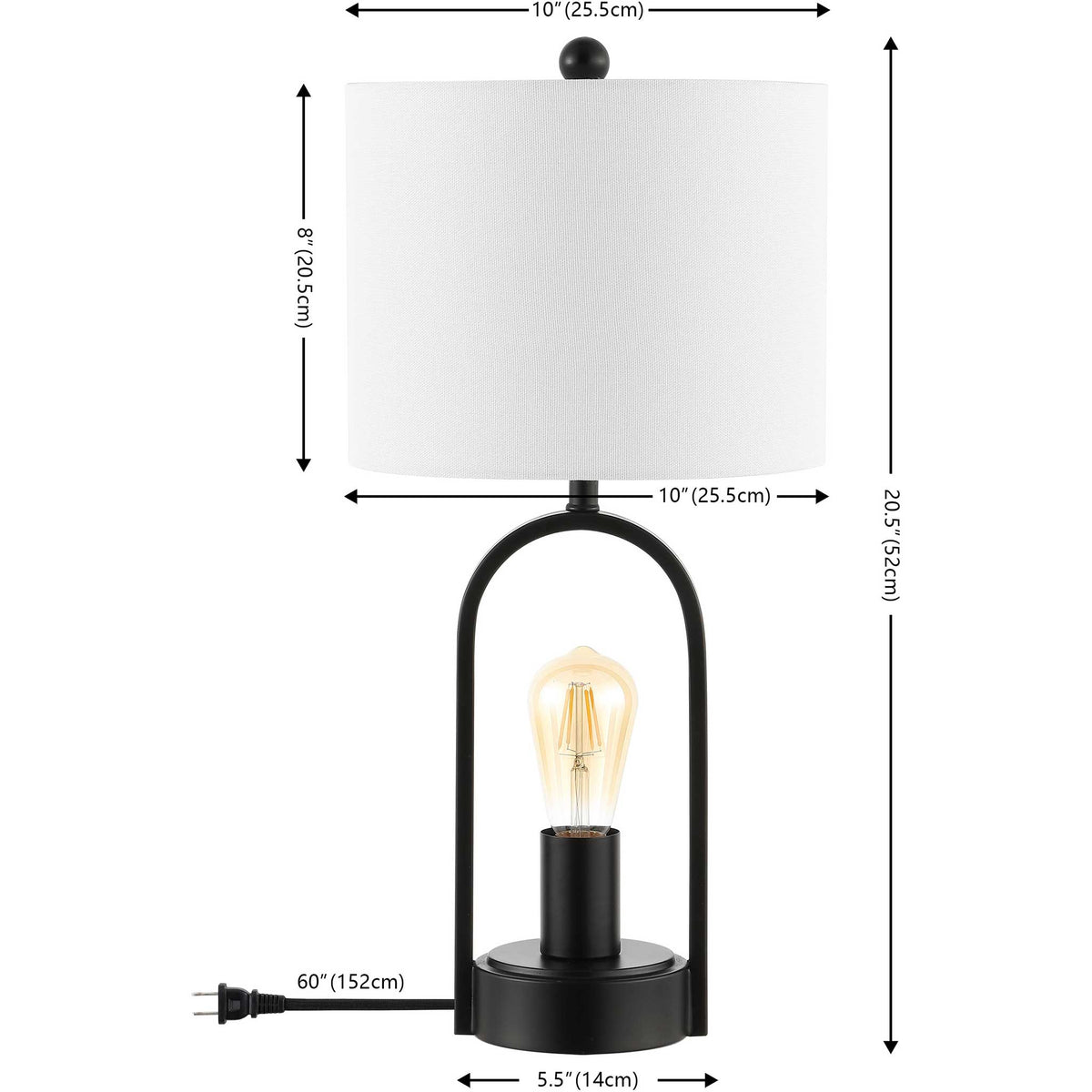 Sleek black iron arch lamp with white drum shade, 20.5 inches tall || TBL4482A || dimension_studio