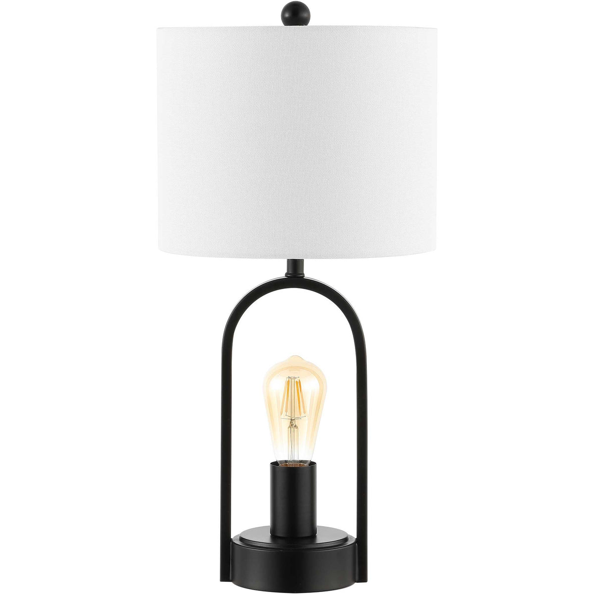 Modern arch table lamp in matte black with white fabric drum shade || TBL4482A || front_studio