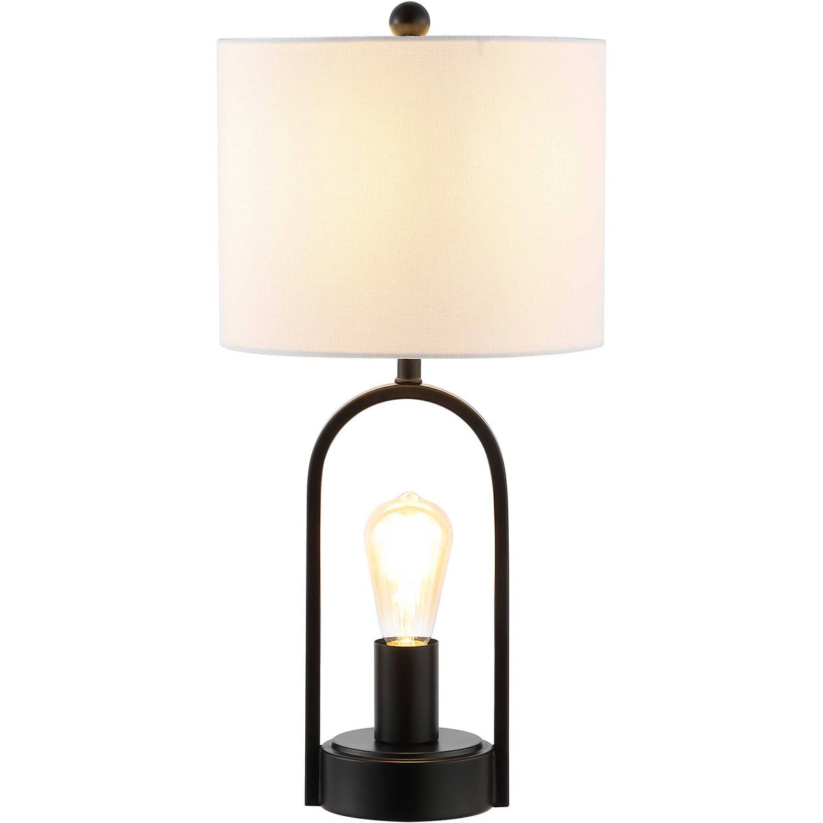 Illuminated Edison-style bulb framed by a black arch with a white drum shade || TBL4482A || front_on_studio