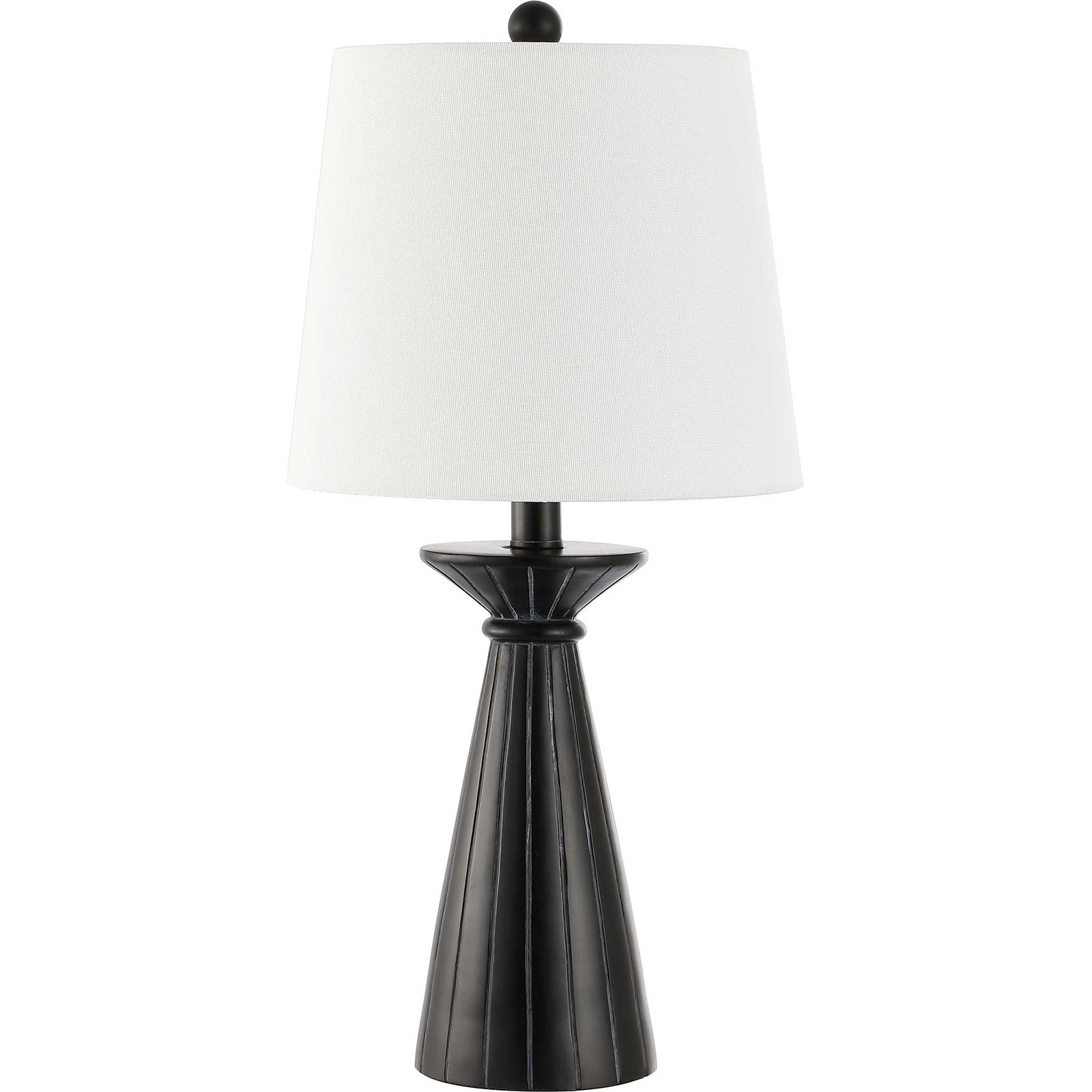 Sleek black resin lamp with fluted cone base and crisp white fabric shade for modern contrast. || TBL4485A || front_studio