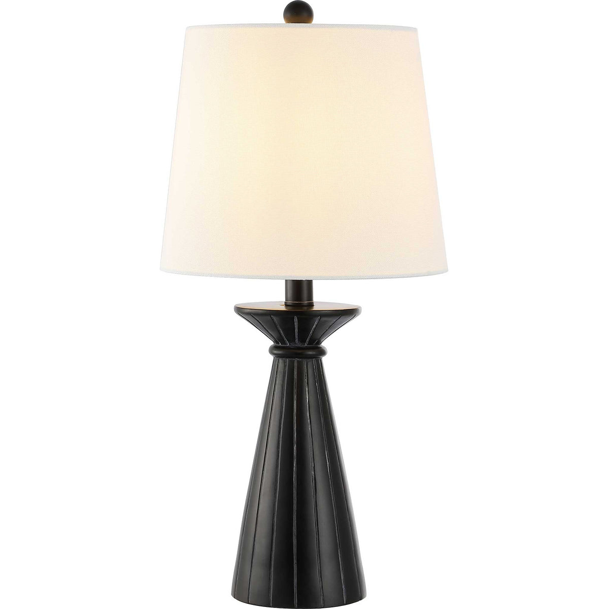Warmly glowing shade tops a sculpted black base with subtle vertical grooves and a classic finial. || TBL4485A || front_on_studio