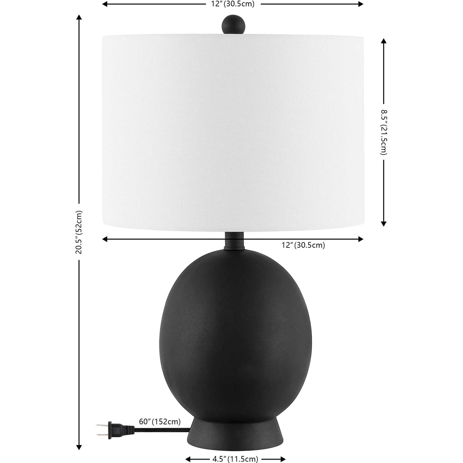 Compact black resin lamp with a white drum shade and rounded base, sized at 20.5 inches tall. || TBL4487A || dimension_studio