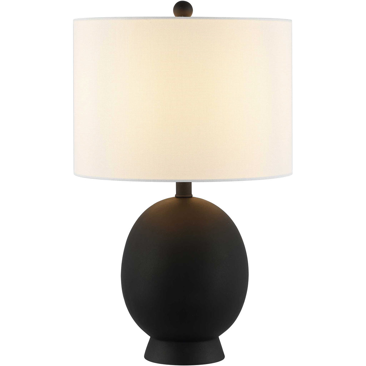 Warmly lit white drum shade atop a matte black oval base adds inviting ambience to any tabletop. || TBL4487A || front_on_studio