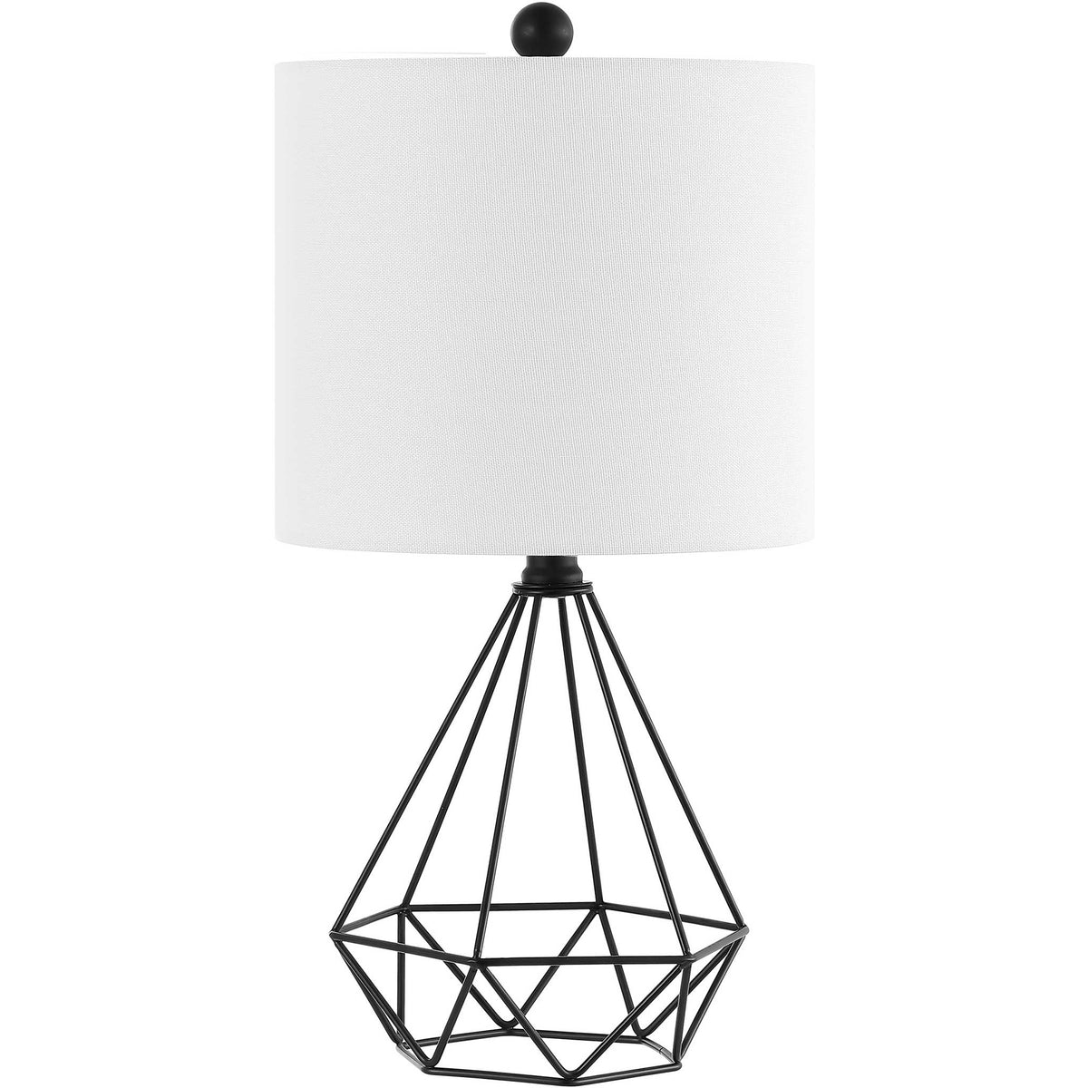 Geometric black iron base with a crisp white drum shade brings modern edge to any table. || TBL4489A || front_studio