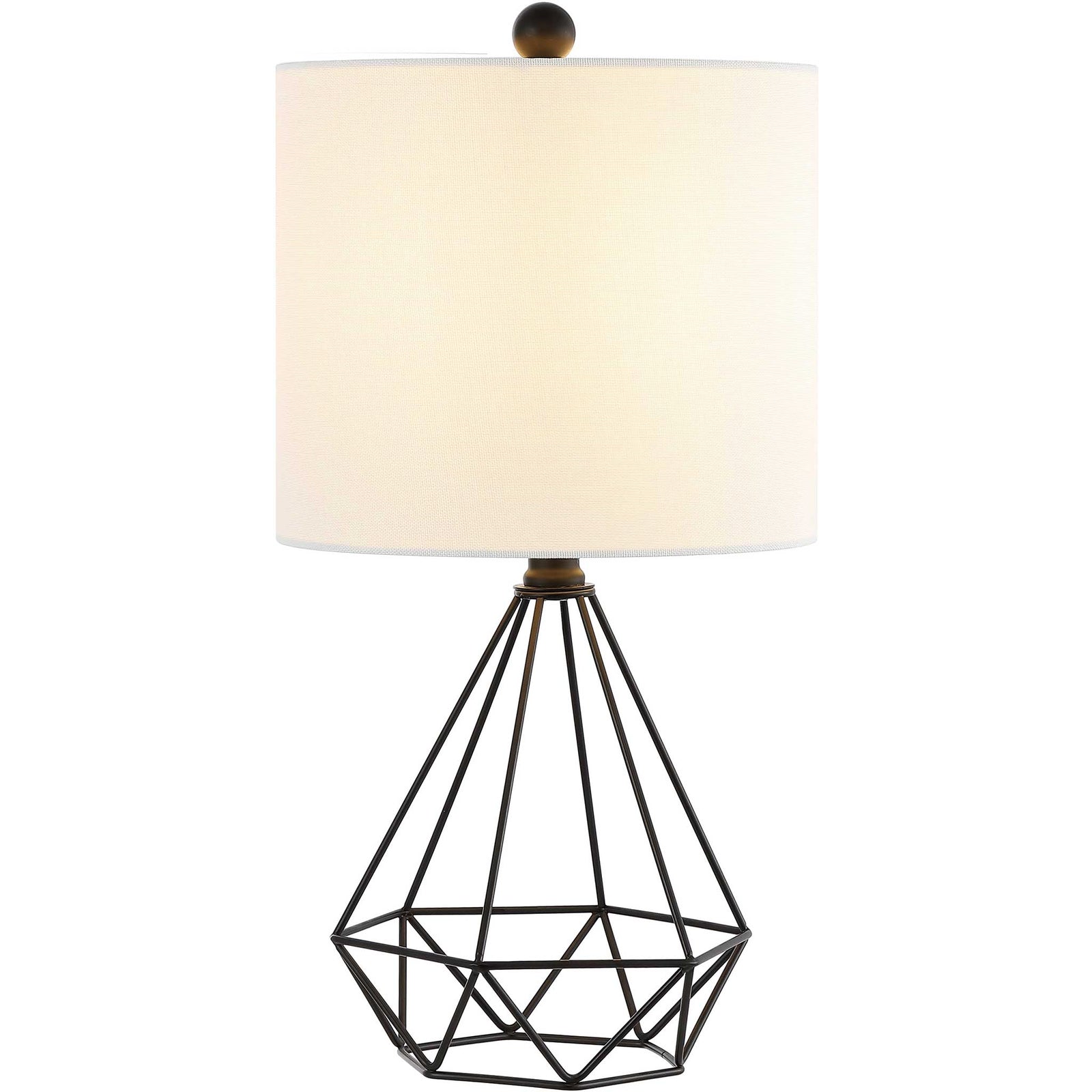 Geometric black iron base with a crisp white drum shade brings modern edge to any table. || TBL4489A || front_studio