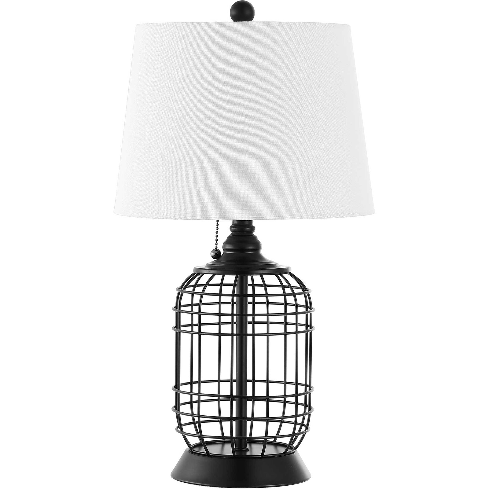 Black iron cage base with white fabric drum shade and pull chain for classic, versatile lighting || TBL4490A || front_studio