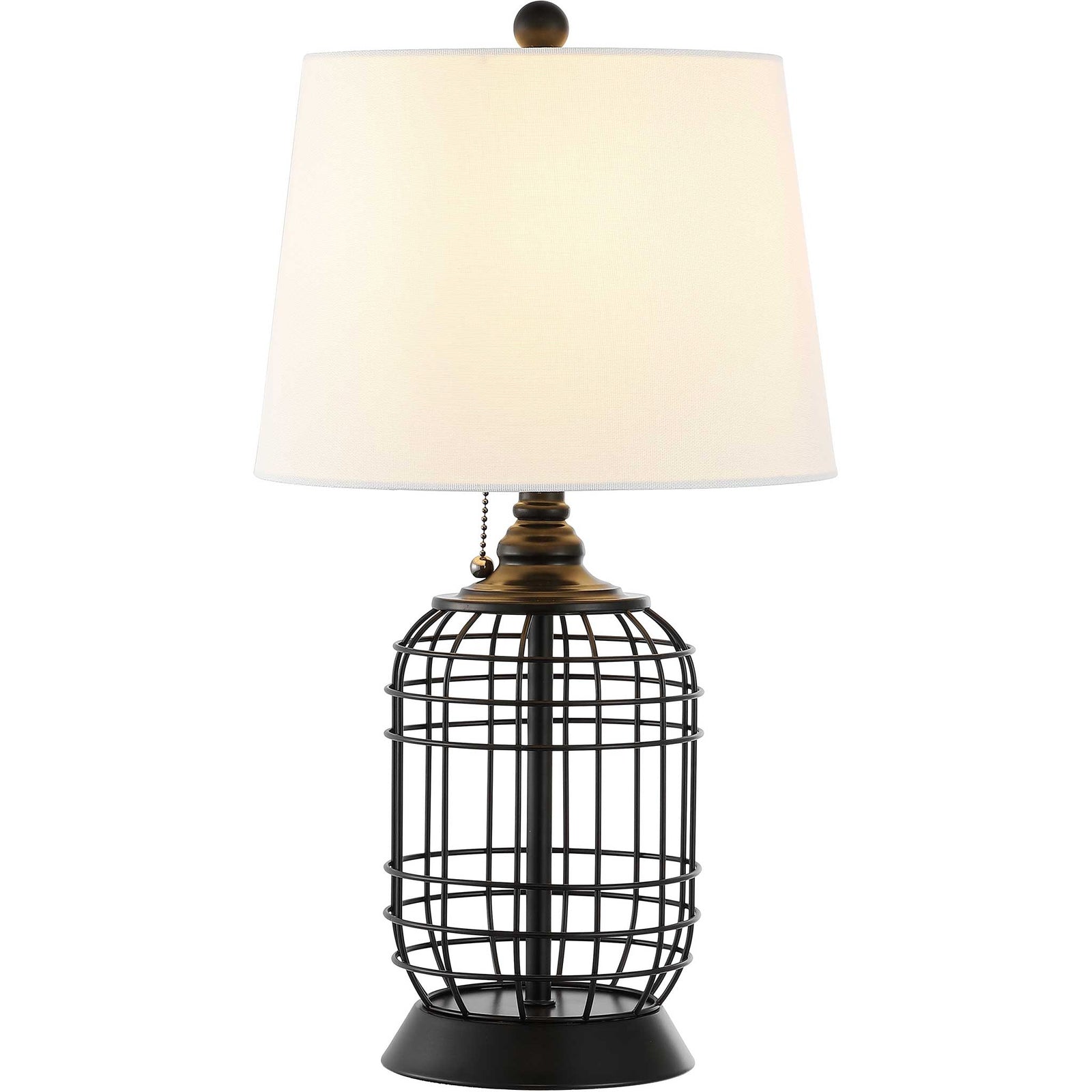 Black iron cage base with white fabric drum shade and pull chain for classic, versatile lighting || TBL4490A || front_studio