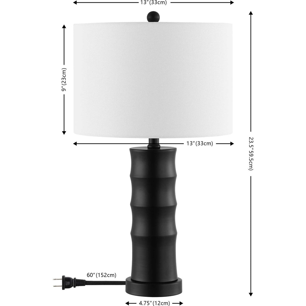 Key measurements and 60 inch cord length for the black iron lamp with white drum shade || TBL4493A || dimension_studio